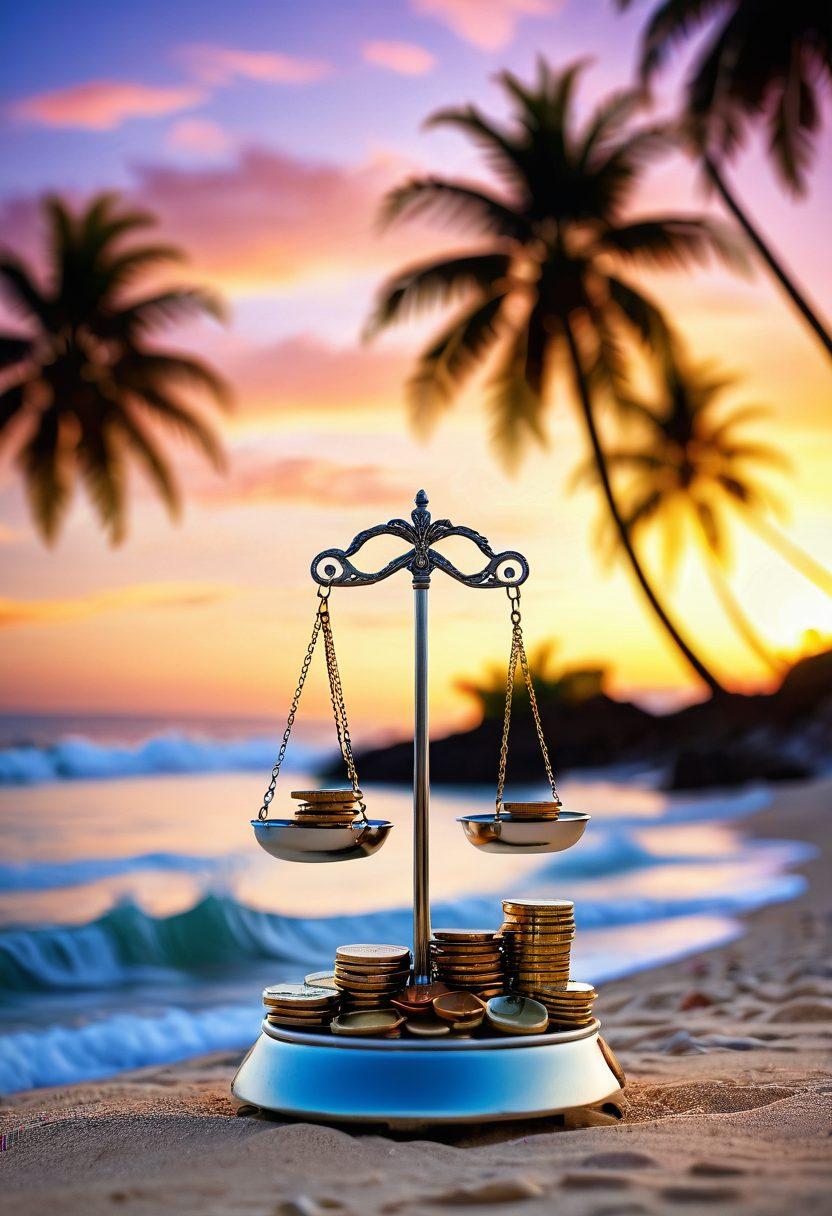 A balanced scale with a bikini on one side and a stack of coins on the other, symbolizing harmony between self-love and financial responsibility. The background features a serene beach scene, with a warm sunset casting soft light, emphasizing relaxation and budget-friendly living. Add playful tropical elements like palm trees and waves to inspire a carefree yet mindful attitude towards finances. vibrant colors. 3D.